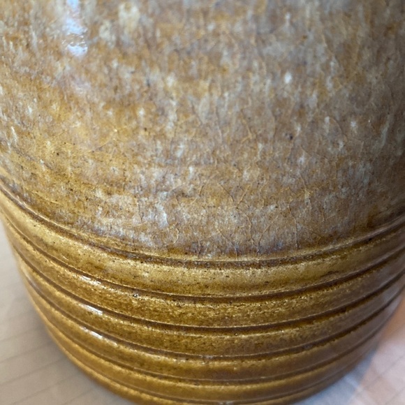 POTTERY vase yellow cream ochre large tall ribbed drip glazed - Picture 3 of 12